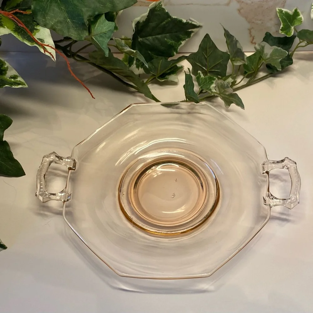 1930s Art Deco Pink Octagonal Glass Footed Plate Tidbit Tray Platter w/Handles - Picture 5 of 13